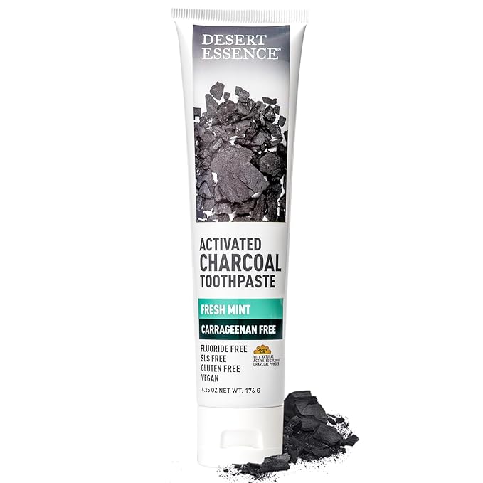 Desert Essence Activated Charcoal Toothpaste - Fluoride and Carrageenan Free - Brighter Teeth and Fresher Breath with Activated Coconut Shell Charcoal, Baking Soda, and Fresh Mint - 6.25 oz