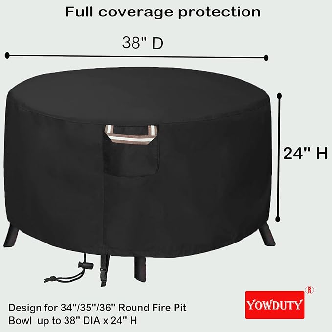 Round Propane Gas Fire Pit Cover 36 x 24 Inch, Waterproof Heavy Duty 600D Round Outdoor Fireplace Cover 36 inch, All-weather Protection For Patio Firepit / Fire Bowl 34/35/36 inch