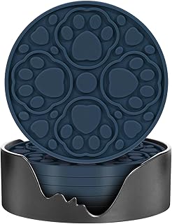 Blue Silicone Coasters with Holder, 4 Inch Non-Slip Round Coffee Cup Mats, Modern Drink Coaster Set of 6 for Desk, Table, Coffee, Beer & Beverage, Dishwasher Safe - Housewarming Gift