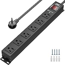 CRST 6 Outlet Heavy Duty Power Strip with Switch, 15A/1875W Metal Mountable Power Strip Surge Protector 2100Joules, Wide Spaced Power Bar for Garage Worshop, 6 FT Cord