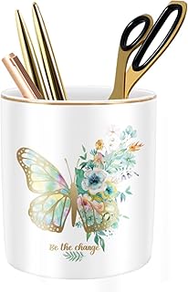 Cute Pen Holder for Desk, Ceramic Durable Pencil Cup, Simple&Modern Style Makeup Organizer, Multifunctional Office Supplies for Home, Kids and School, Butterfly Pattern