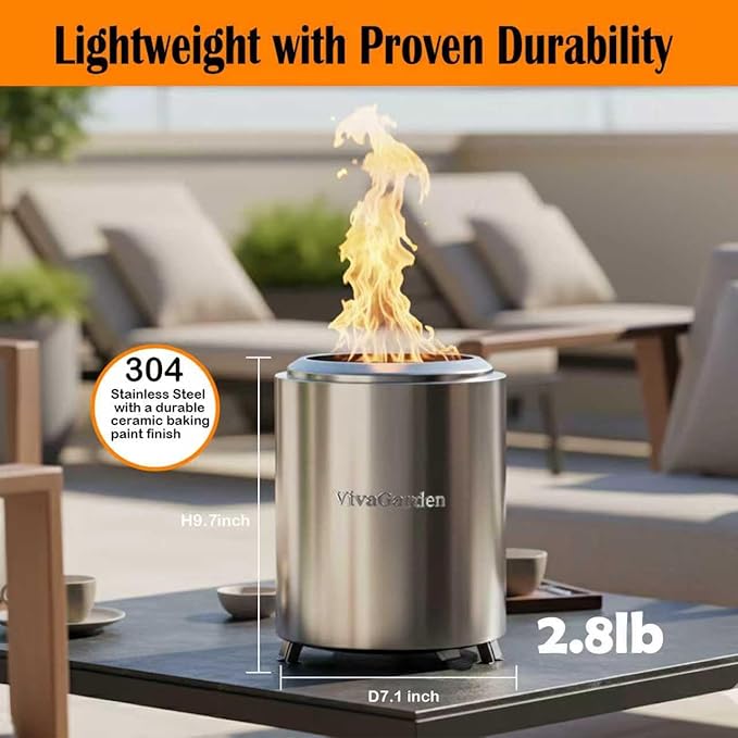Portable Tabletop Fire Pit, VivaGarden Smokeless Table Top Fire Pit, Wood Burning & Pellets Outdoor Camping Stove with Carry Bag, Forks and Mat (9.7x7.1 Inch, Silver)
