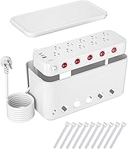 Surge Protector Power Strip with Cable Management Box,Cord Organizer Box with 10 Outlets and 3 USB Ports,Individual Switches,6 ft Flat Plug Extension Cord,Under-Desk and Desk Wire Storage Hider,White
