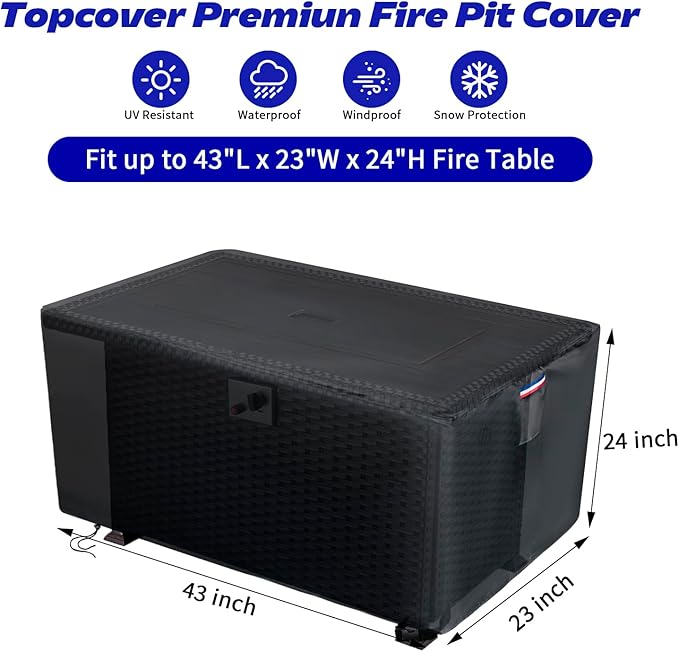 Fire Pit Cover Rectangular,600D Heavy Duty Outdoor Furniture Covers Waterproof For Patio Table,43 inch Tear Resistant Propane Gas Firepit Cover For Rectangle Fireplace,43"L x 23"W x 24"H