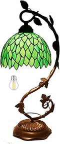 WERFACTORY Tiffany Style Lamp Green Wisteria Stained Glass Table Desk Reading Light, Metal Leaf Base 8X10X21 Inches Decor Small Space Bedroom Home Office S523 Series