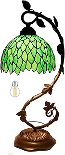 WERFACTORY Tiffany Style Lamp Green Wisteria Stained Glass Table Desk Reading Light, Metal Leaf Base 8X10X21 Inches Decor Small Space Bedroom Home Office S523 Series