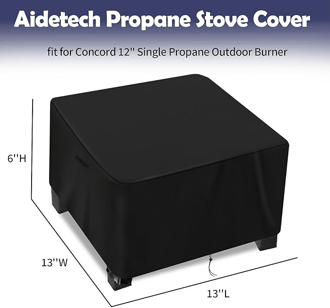 Camping Stove Cover for Concord 12" Single Propane Outdoor Burner, Waterproof Covers for Outdoor Propane Gas Grill Burners Stove - 13”L x 13”W x 6”H, Black