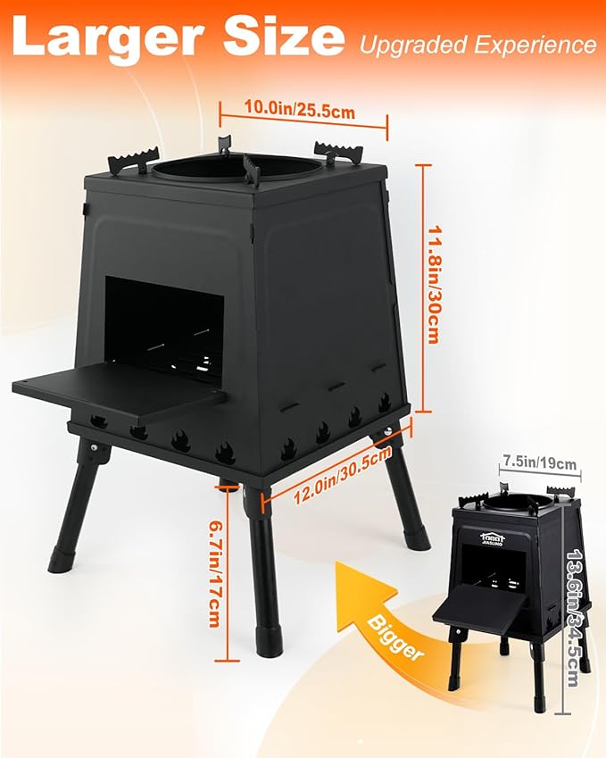 Portable Wood Burning Stove - Lightweight Cast Iron Camp Stove for Backpacking，Portable and Easy-To-Assemble Backpacking Camping Stove Kit (Black, Large)