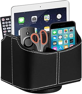 PU Leather Remote Control Holder,360 Degree Spinning Desk TV Remote Caddy,Desk Organizers and Accessories,for Controller,Media,Mail,Calculator,Mobile Phone,Pen Storage Holder(Black)