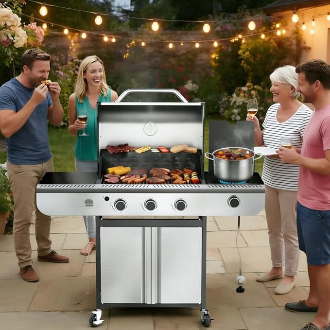 3-Burner Propane Gas Grill with Side Burner, 34,000 BTU Stainless Steel BBQ Grill – Heavy-Duty Porcelain-Enameled Grates for Patio and Outdoor Cooking