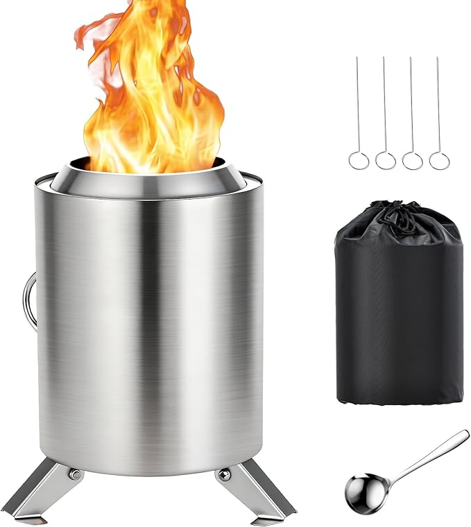7 Inch Tabletop Fire Pit, Smokeless Mini Firepit with Stand, Portable Wood & Pellet Firepit for Camping, Indoor & Outdoor & Backyard, Forks, Spoon & Travel Bag Included, Stainless Steel