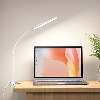 RAOYI LED Desk Lamp, 5W USB Clip on Light Eye-Caring Reading Clamp Table Lamp with 48 LEDs Flexible Neck, 3 Color Modes and 14 Brightness Levels for Office Bedroom Study (White)