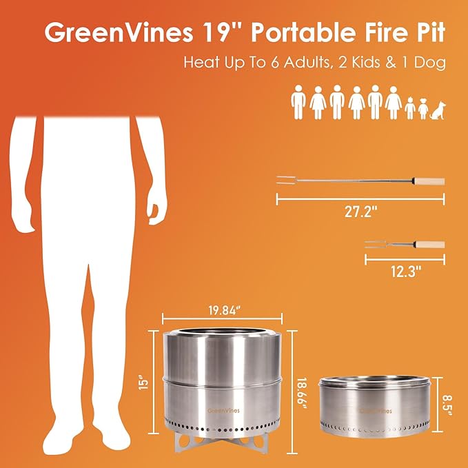 GREENVINES Smokeless-Firepit | 19-Inch | Stainless-Steel-Fire-Pit | Portable Outdoor Pits with Stand for Camping | Solo Wood Burning Bonfire | Low Smoke Stove | Bag & Sticks & Holders