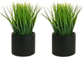 MyGift Tabletop Artificial Grass Plants Decorative Faux Greenery Plant Potted in Modern Cylindrical Black Cement Pots, Set of 2