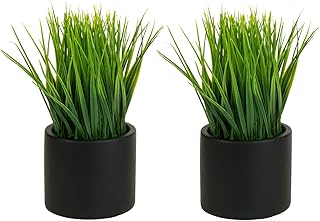 MyGift Tabletop Artificial Grass Plants Decorative Faux Greenery Plant Potted in Modern Cylindrical Black Cement Pots, Set of 2