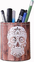 Antique Halloween Wood Slat Sugar Skull PU leather Pencil Pen Holder Desk Organizer PH03