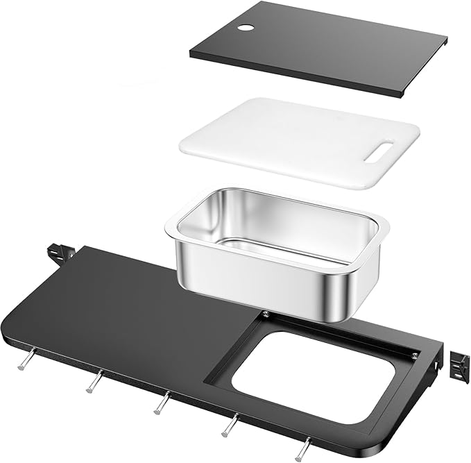 Utheer Front Folding Grill Table for Weber Searwood XL 600 – 35" x 12.5" Large Front Shelf with Stainless Steel Basin, Works Cutting Board, Lid & 5 Hooks, Heavy-Duty Weber Searwood XL 600 Accessories