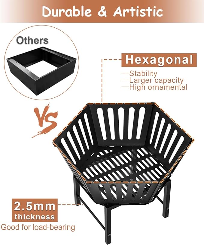 22.5 Inch Portable Hexagon Fire Pit with Travel Bag — Heightened Smokeless Design Outdoor Wood Burning Fire Pit for Camping, Backyard, Patio, Bonfire, Picnic and BBQ, Vertical Hollow Style