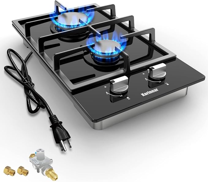 Karinear Gas Cooktop 2 Burner Propane Cooktop, 12 Inch LPG/NG Dual Fuel Gas Stove Top, Built-in Tempered Glass Gas Cooktop for Apartment, Indoor, RV