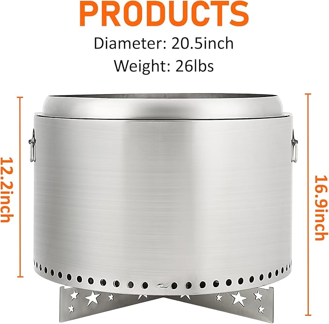 GarveeLife 20.5 in Portable Smokeless Fire Pit with Stand, Handles Design, Stainless Steel Stove Wood Burning, Removable Ash Pan, for Camping, Garden, Backyard
