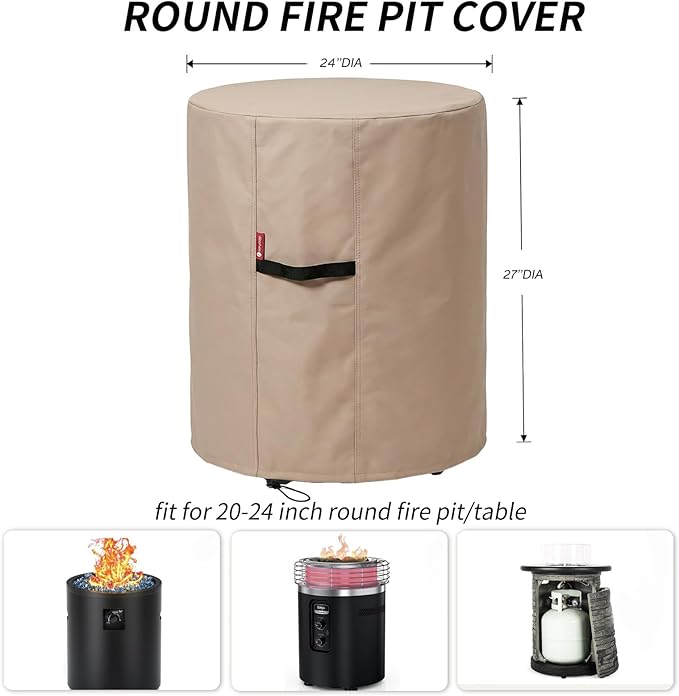 [2026 Upgraded]SheeChung Fire Pit Cover Round 24"D x 27"H,Heavy Duty 600D Waterproof Tall Firepit Cover,Fits for 20"-24" Propane Fire Pit/Table,Tear & Fade Resistant Fireplace Covers with Drawstring