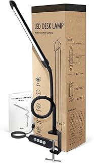 Metal LED Desk Lamp with Clamp, 12W USB Powered Desk Light, 18" Flexible Gooseneck, 3 Color Modes, 10 Brightness Levels, Eye-Caring Lamp for Study, Reading, Work, Home Office, Black