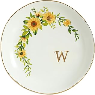 COLLECTIVE HOME - Ceramic Jewelry Tray, Trinket Dish for Rings Earrings Necklaces Bracelet Watch Keys, Birthday Mother's Day Christmas Gift for Women, 4.75", White Surface wirh Sunflowers (w)