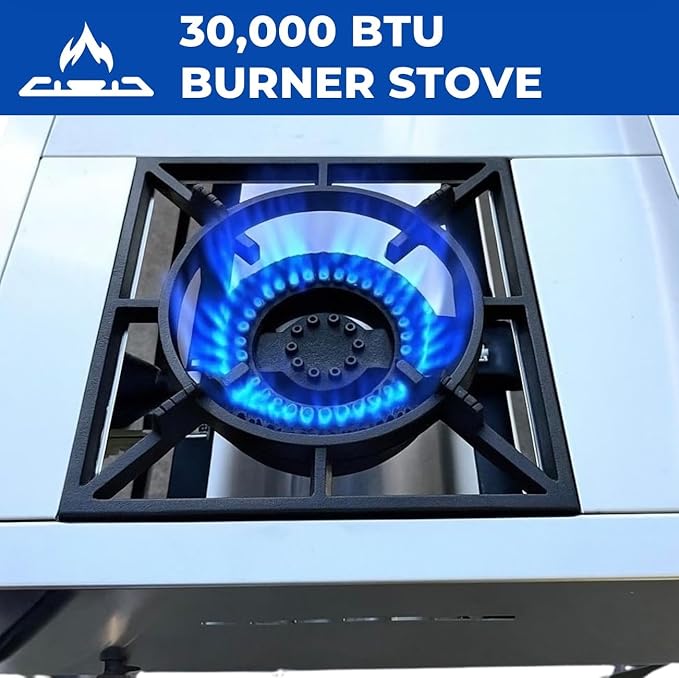 Burner Stove and Flat Top Griddle Cart | 20” Stainless Steel Griddle | 30,000 BTU Cast Iron Burner Stove | Outdoor Propane | Portable 4 Wheel | 3 Condiment Container Pans | Commercial & Home Use
