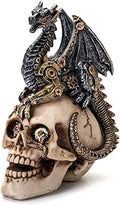 Steampunk Metal-Like Dragon on Human Skull Statue, Home Decoration Halloween Decorative Figurine, Gearwork Sculpture Gear Design Skeleton Cranium Figure
