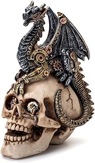Steampunk Metal-Like Dragon on Human Skull Statue, Home Decoration Halloween Decorative Figurine, Gearwork Sculpture Gear Design Skeleton Cranium Figure