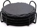 4 PCS Round Slate Drink Coasters Set, SIJDIEE 4 Inch Laser Engraving Black Slate Stone Coasters with Anti-Scratch Bottom and Coaster Holder for Office Bar Kitchen Home Dinner Table Decor Supplies
