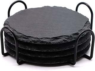4 PCS Round Slate Drink Coasters Set, SIJDIEE 4 Inch Laser Engraving Black Slate Stone Coasters with Anti-Scratch Bottom and Coaster Holder for Office Bar Kitchen Home Dinner Table Decor Supplies