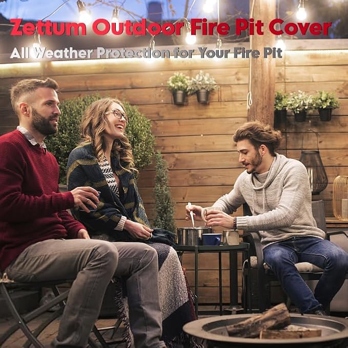 Zettum Fire Pit Cover Round 32 Inch - Outdoor Firepit Cover Heavy Duty & Waterproof, 600D Patio Fire Table Cover Gas Fire Pit Accessories Fade & Weather Resistant - 32 x 32 x 16 Inch
