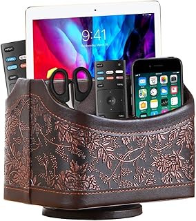 360° Rotating Remote Control Holder, PU Leather TV Remote Caddy Organizer Basket Storage Box with 5 Compartments for Pen, Pencil, Art Supplies, Makeup Brush, Office Desk Table Accessories