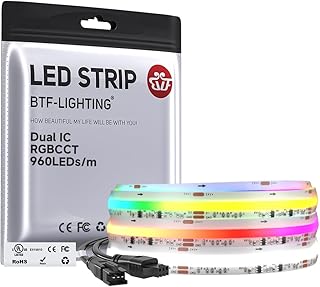 BTF-LIGHTING WS2811 Dual IC RGBCCT FCOB COB LED Strip,UL Listed High Density Chasing IC RGB Light+Tunable White 3000K-6000K,9.8FT 960LEDs/m,12mm Width IP66 DC24V 3M Tape(No Adapter or Controller)