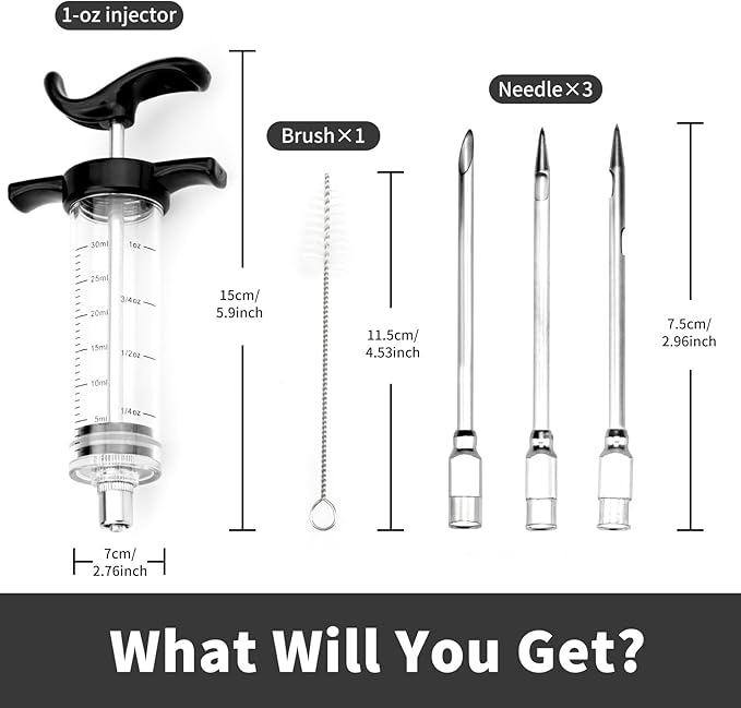 Turkey Meat Injector Syringe Kit with 3 Marinade Needles for BBQ Grill Smoker, 1 Cleaning Brush, 1 Oz/30 ml Large Capacity Injector Marinades for Meats Black