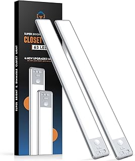 Reoshine 63 LED Closet Lights Motion Sensored, 2500mAh Rechargeable Under Cabinet Lighting, Dimmable & Magnetic Light Bar for Kitchen Cabinets, Hallways (2 Pack)