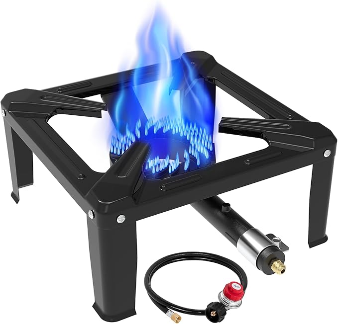 Llamaviva High Pressure Propane Stove - Heavy Duty Single Burner Outdoor Cooker with 0-20 PSI Adjustable Regulator & 4FT Hose - 16" Steel Portable Stove for Turkey Fry, Home Brewing, Camping