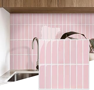 Commomy Peel and Stick Tile Backsplash - 10 Pcs of 12'' x 12'' Vertical 3D Peel and Stick Backsplash for Kitchen and Bathroom Interior Wall Tile, Pink (Glossy Surface, Covers 10 sq.ft)