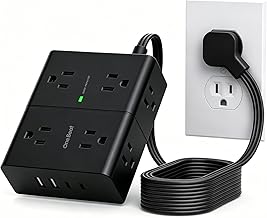 One Beat Surge Protector Power Strip, 6 Ft Ultra Thin Flat Extension Cord with 8 Outlets 4 USB Ports(2 USB C), Flat Plug Power Strip, White Power Strip for Home, Office, Dorm Room Essentials, Black
