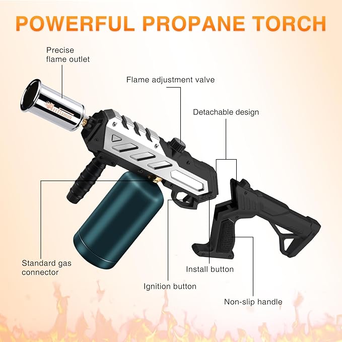 ARTFLAMM Powerful Propane Torch Gun, Kitchen Grill Torch with Detachable Design, Adjustable Flamethrower Torch Burner for Searing Steak, BBQ, Welding, Camping Charcoal Lighter(Tank Not Included)