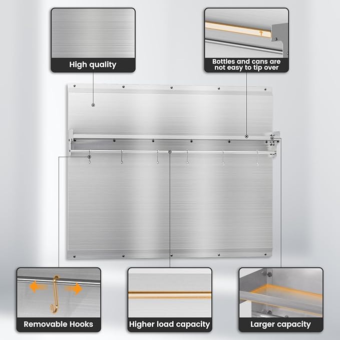 30"x24" Stainless Steel Backsplash for Stove & Hood, Stove Backsplash with Storage Shelf & Hanging Rack, Easy-Clean Kitchen Wall Splash Guard & Protector