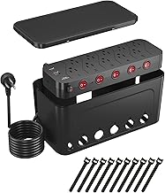 Power Strip with Cable Management Box,Surge Protector 10 AC and 3 USB Ports,6 ft Flat Plug Extension Cord,Outlet Hider Fast Charging Station,Desk Cord Organizer Box and Cover,Hidden Long Wire,Black