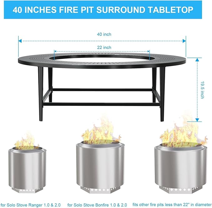 LS'BABQ 40" Fire Pit Surround Tabletop with Waterproof Cover for Solo Stove Bonfire & Ranger, Round Outdoor Fire Pit Table for Most Wood-Burning Stoves Under 22" Dia for Camping, Powder-Coated Steel