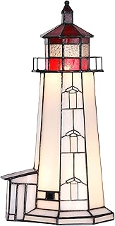Bieye L10770 Peggy's Cove Lighthouse Tiffany Style Stained Glass Accent Table Lamp Night Light for Home Decoration (6x6x12, Red)