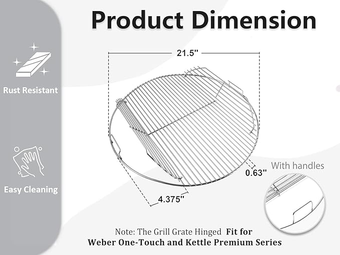 22-inch Stainless Steel Cooking Grate Hinged for 7436 Weber Grill Grates Round Hinged, Non-Stick Reliable Grill Grate Replacement Parts for Weber One-Touch and Kettle Premium Series