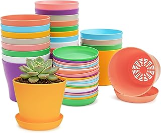 Tosnail 24 Pack 4" Small Plastic Plant Flower Pot with Saucers, Seedlings Nursery Pots Planter with Pallet Planting Gardening Containers - Assorted 8 Colors