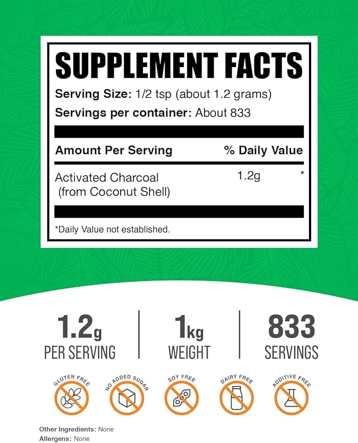 BulkSupplements.com Activated Charcoal Powder - from Coconut Charcoal, for Teeth Whitening - Vegan & Gluten Free, 1.2g per Serving, 1kg (2.2 lbs) (Pack of 1)