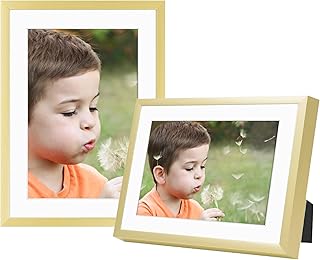Frametory, 5x7 Gold Aluminum Picture Frame - Set of 2 - Ideal for Displaying 4x6 Photos with Mat or 5x7 Without Mat - Real Glass Front - Simple Gallery Wall Frames for Art Prints and Posters