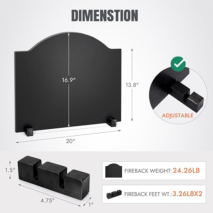 INNO STAGE 20" Fireplace Back Plates - Iron Fireback with Feet, Fireplace Wall Protection, Fireplace Heat Reflect, Black
